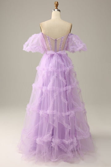 Purple A Line Off The Shoulder Floor Length Tulle Ball Dress with Bowknot